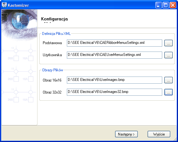 Konfiguracja menu jest wykonywana za pomocą aplikacji Customizer.exe, która jest dostarczona wraz z instalacją SEE Electrical. Plik znajduje się w folderze SEE Electrical (.../SEE Electrical V6).