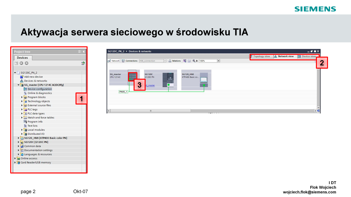 W drzewie programu TIA Portal rozwijamy menu związane ze sterownikiem PLC. Następnie wybieramy polecenie Device Configuration (1).