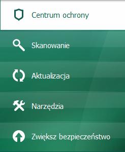 Lewa część okna umożliwia szybki dostęp do głównych funkcji programu: włączania i wyłączania modułów ochrony, uruchamiania zadań skanowania antywirusowego, aktualizacji baz danych i modułów programu