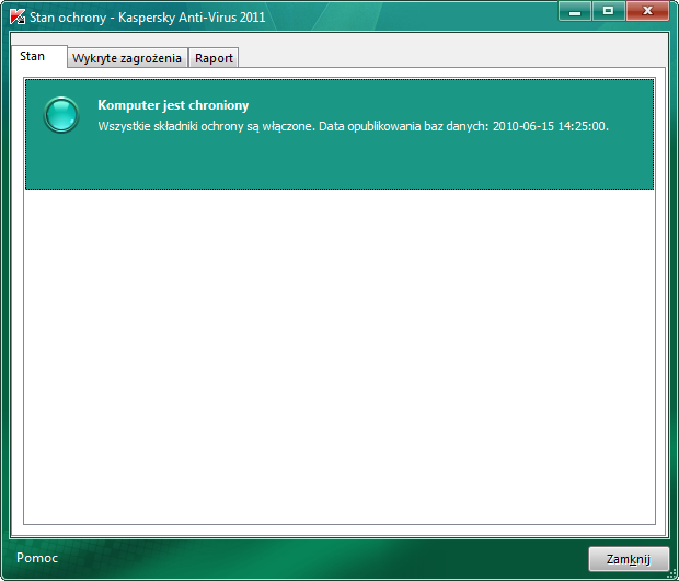 Po kliknięciu wskaźnika znajdującego się w oknie głównym aplikacji zostanie otwarte okno Stan ochrony (zobacz rysunek poniżej) zawierające szczegółowe informacje o stanie ochrony komputera i sugestie