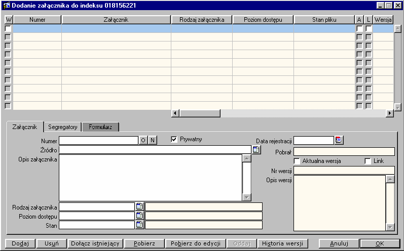 rodzaju poziomu dostępu stanu wersji Także można posłużyć się zakładką segregatory, w której zgromadzone są załączniki wg utworzonego podziału i hierarchii.
