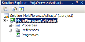 Solution Explorer Do nawigacji po strukturze naszego projektu, czyli jednocześnie po plikach, służy zakładka Solution Explorer.