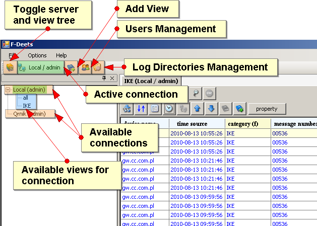 3.5 Working with F-deets The main window consists of four major panes: a horizontal toolbar at the top is used to manage user and log directory configuration, there's also a current server