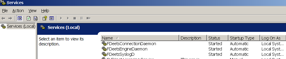 4.4 Windows Services When running F-Deets under Windows the server components are available as windows services and may be administered by the standard