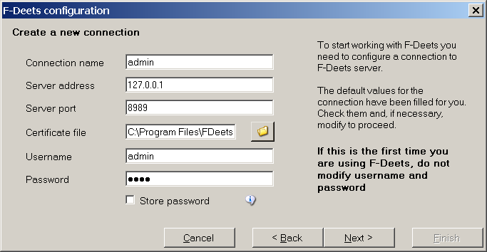 3 Using F-Deets 3.1 The Configuration Wizard To start F-Deets client, select F-Deets from the Start menu. When you first start the program a configuration wizard will appear.