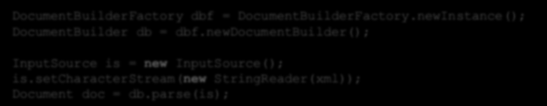 DOM parser Zgodny z modelem DOM (Document Object Model) Działanie identyczne jak w przypadku Javy Tworzenie parsera: DocumentBuilderFactory dbf = DocumentBuilderFactory.