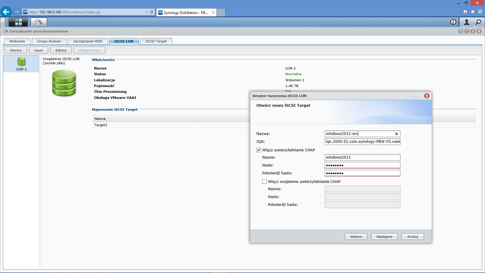W następnym kroku musimy wpisać NAZWA dowolna np.: windows212-srv IQN pozostawiamy bez zmian WŁĄCZ UWIERZYTELNIANIE CHAP zaznaczamy chceckbox, wpisujemy dowolną nazwę np.