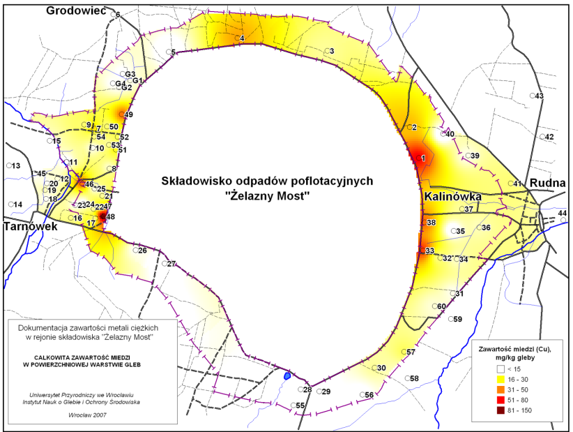 Przykładowe wyniki badań monitoringowych ilustrujące rozmieszczenie Cu w glebach (Raporty 1995-20