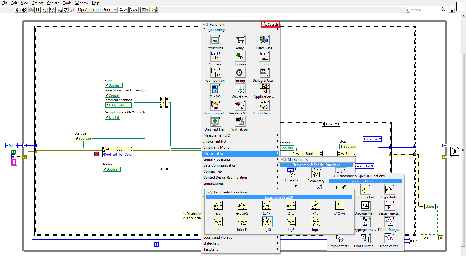 2014-10-17 14:05 Laboratorium zerowe Matlab, LabView i narzędzia 17 (rys. 11). Rys. 11: Widok palety funkcyjnej dostępnej w diagramie blokowym VI.