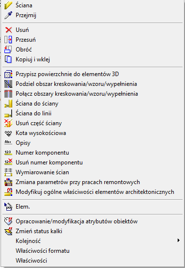 Menu kontekstowe w przypadku kliknięcia na płaszczyźnie rysunkowej Menu kontekstowe w przypadku kliknięcia na ścianę Linia dialogowa W linii dialogowej znajdującej się po płaszczyzną rysunkową