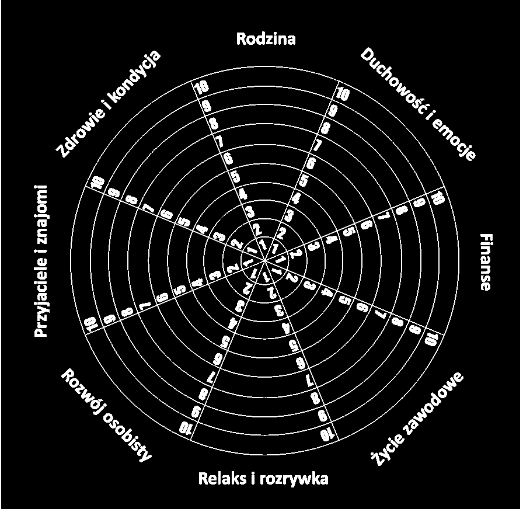 duchowość, rozrywka, a następnie zaznacza na nim wysokość satysfakcji z każdej dziedziny w skali liczbowej.