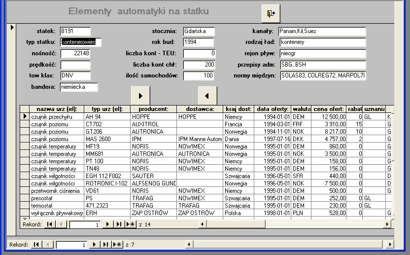 8.1 Projektowanie automatyki systemów na podstawie informacji o statkach zbudowanych Szczegółowe informacje o statkach zbudowanych przechowywanych w bazie danych oraz ich automatyce uzyskać można za