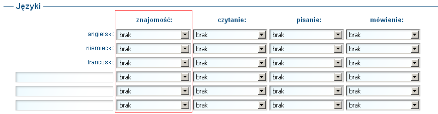 Prefernowane stanowisko pracy, Preferencje miejsce zatrudnienia W ramach sekcji Języki zostanie zdefiniowana nowa kolumna oznaczająca ogólną znajomość języka: Rysunek - Nowa kolumna znajomości