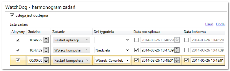 Rodzaje zadań do wykonania: restart aplikacji restart komputera wyłączenie komputera wysyłanie e-maila o aktywności aplikacji (uwaga: wymagane skonfigurowanie parametrów serwera SMTP w opcji E-mail)