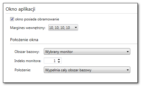 1. Obramowanie Opcja umożliwia wybór trybu wyświetlania okna aplikacji: bez obramowania (aplikacja wyświetla się na całym ekranie) z obramowaniem (możliwość przesuwania okna, w przypadku braku zmiany