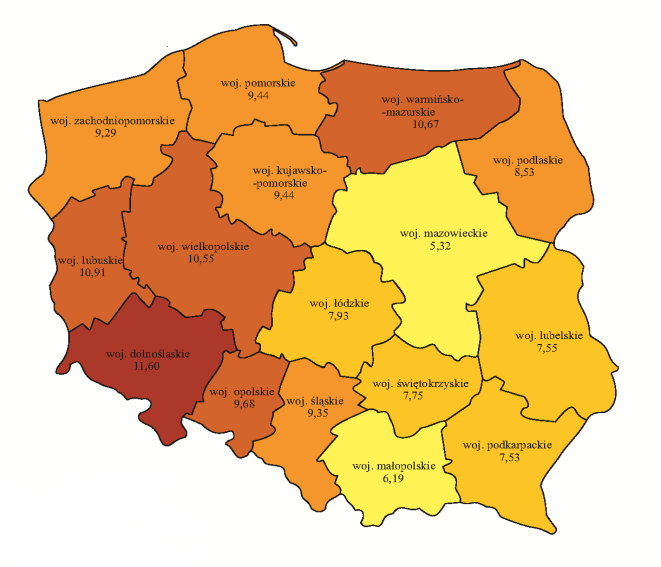 Poszkodowani w wypadkach na 1000 zatrudnionych w Polsce i w woj.