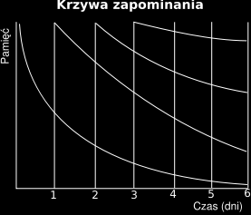 Rysunek 42: Krzywa Ebbinghausa. Po zakończeniu nauki następuje szybki spadek ilości zapamiętanych informacji. Połowa materiału (zgłoski bezsensowne) została zapomniana w ciągu pierwszej godziny.