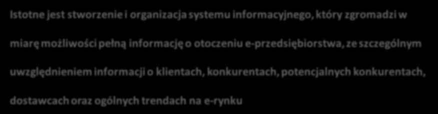 Właściwe zarządzanie e-firmą Istotne jest stworzenie i organizacja systemu informacyjnego, który zgromadzi w miarę możliwości pełną informację o otoczeniu