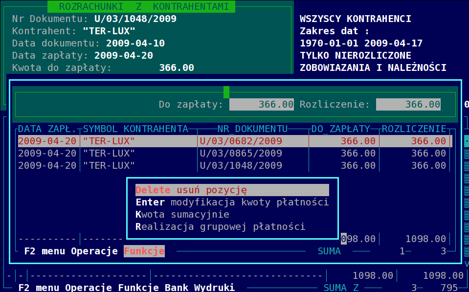 gdzie widzimy w ostatnim wierszu kwotę łączną do rozliczenia do rozliczenia. W celu dokonania rozliczenia musimy wybrać Realizację grupowej płatności.