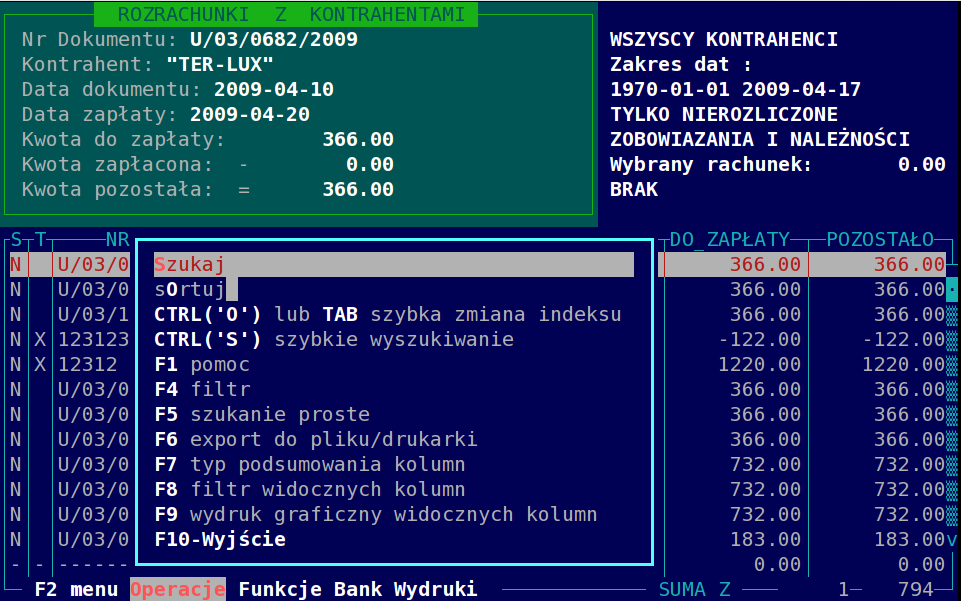 kontrahentów i należności od kontrahentów. W lewym rogu natomiast są pokazywane szczegóły transakcji, która jest podświetlana przez belkę. Kolumna DO_ZAPŁATY pokazuje kwoty ujemne i dodatnie.