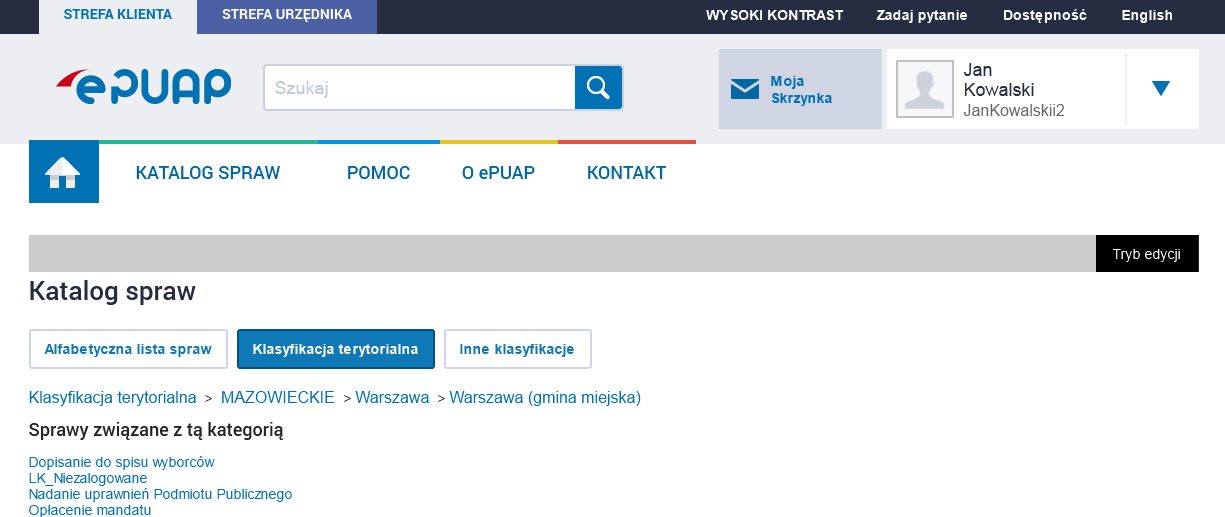 Krok 2 Użytkownik wybiera link z nazwą sprawy (usługi) [2] (Rysunek 0), którą chce zrealizować. System wyświetli formatkę zawierającą opis wybranej sprawy.