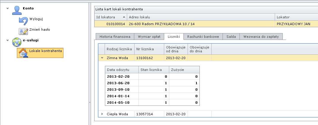 Pojawi się okno poniżej, które zawiera daty odczytów, stany i wynikające ze stanów zużycie wody. 9.