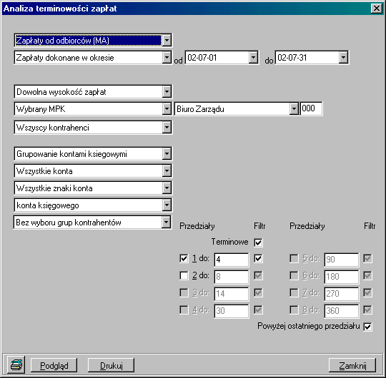 Wybór parametrów: Zapłaty od odbiorców (MA) lub Zapłaty wobec dostawców, Wszystkie zapłaty lub Zapłaty dokonane w okresie w przypadku drugiej opcji po prawej należy określić dni, które będą stanowiły