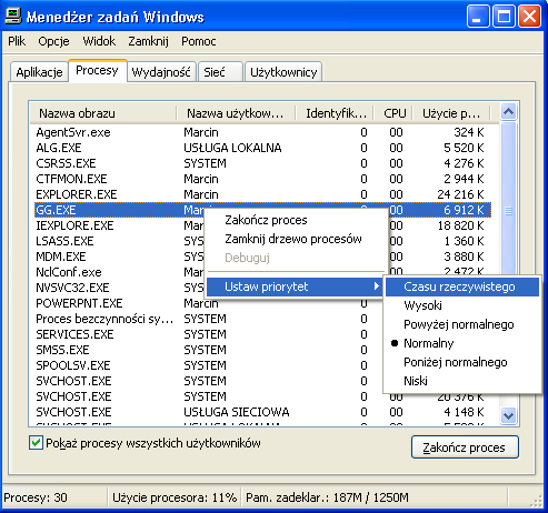 Procesy w Windows NT/2000/XP/2003 Menadżer zadań (Task Manager) Ctrl+Alt+Delete Podgląd aplikacji (zamykanie aplikacji)