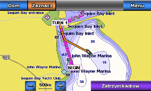 Tryb morski: Nawigacja 2. Podążaj wzdłuż różowej i fioletowej linii (segmentu) z punktu startowego do pierwszego zwrotu. 3.