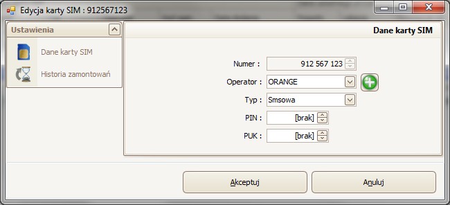 AUTOSAT 3 Instrukcja 4.3.8 20z36 Karty SIM Ewidencja kart SIM to lista wszystkich kart SIM dostępnych w systemie. Ilustracja 43: Lista kart SIM 4.3.8.1 Edycja karty SIM W tym oknie możemy modyfikować dane karty SIM.