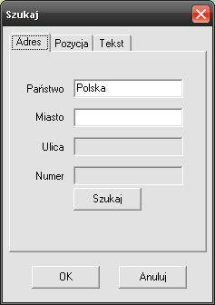 5.6.7. Szukaj 5.6.7.1. Adres Ta zakładka umożliwia wyszukiwanie miejsc według nazwy. Przy pisaniu wielkość liter nie ma znaczenia (nie dotyczy polskich znaków jak ą, ę itd.).