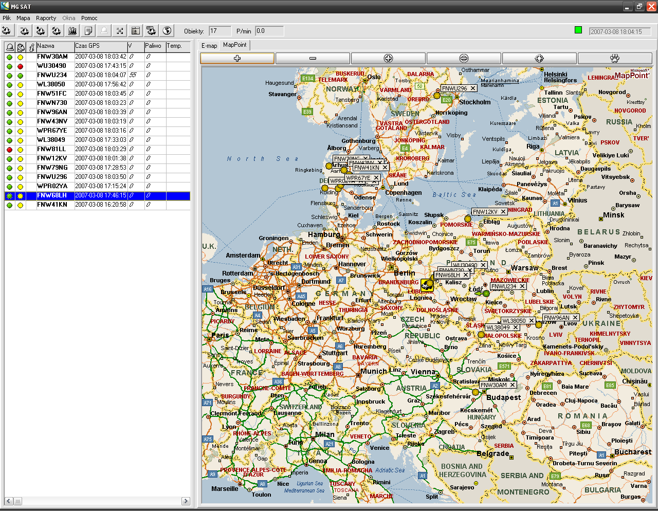 Dodatek A Microsoft MapPoint 2006 Program MG-SAT może wyświetlać historię oraz aktualne pozycje pojazdów na mapie dostarczonej przez Microsoft MapPoint 2006.