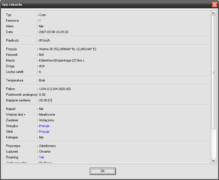 kropka zielona brak alarmu, wszystkie przychodzące informacje są czysto logistyczne w trybie GPRS kropka czerwona alarm naruszenia którejś ze stref zdefiniowanych jako chronione (drzwi, czujniki