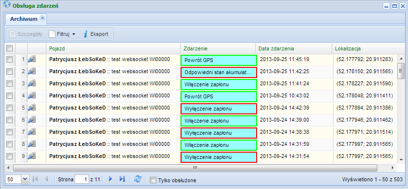 5.6 Zdarzenia Użytkownik ma dostęp do archiwum zdarzeń. Jest to lista wszystkich zdarzeń (np. włączenie zapłonu, wjazd do strefy, przekroczenie prędkości, próba sabotażu, identyfikacja itp.