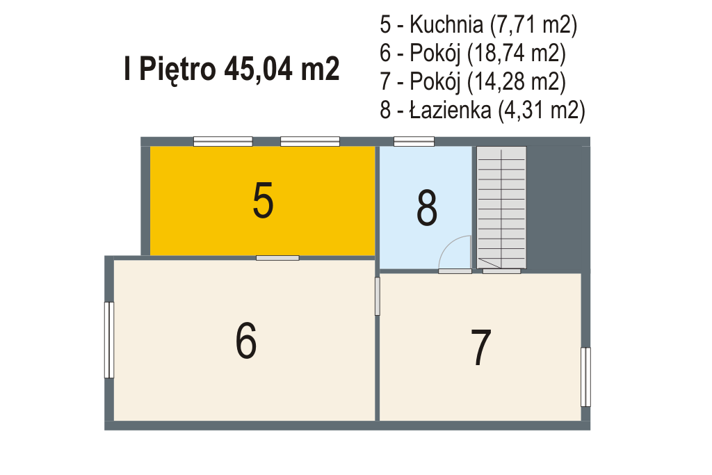 PIĘTRO - na część mieszkalną składają się: 2 pokoje, kuchnia i łazienka o łącznej pow. ok. 45 m 2. Do części mieszkalnej służy wejście z tyłu budynku.