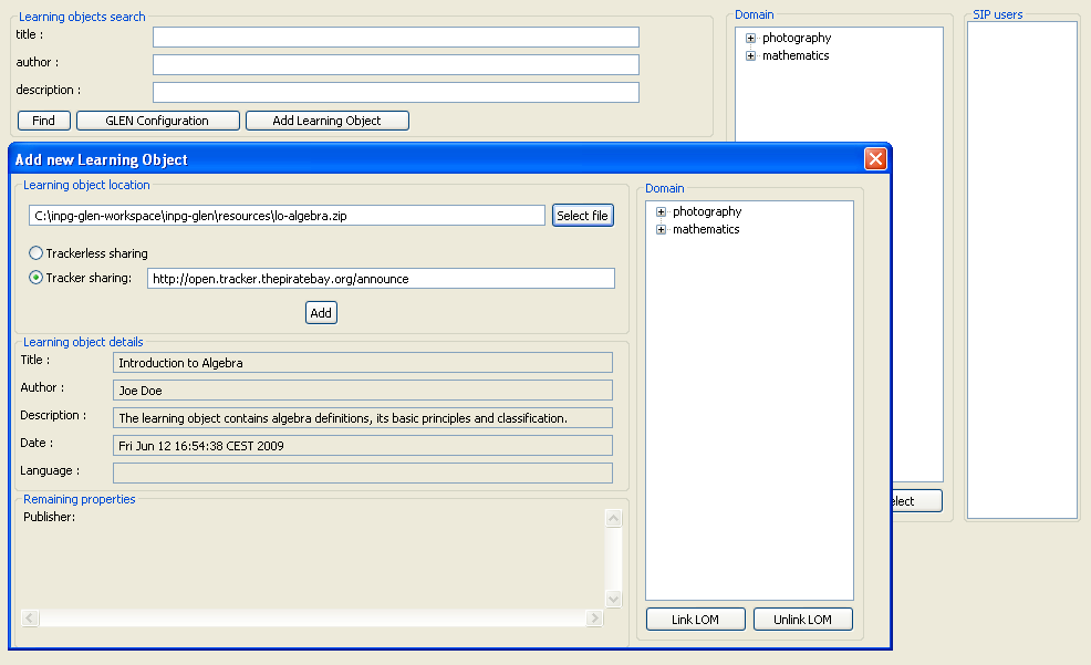 5. Add the desired LO to the indexing system and to the Bittorrent network on one of the machines. Press Select file and select the SCORM zip file (e.g.lo-algebra.zip from project Rozdział resources).