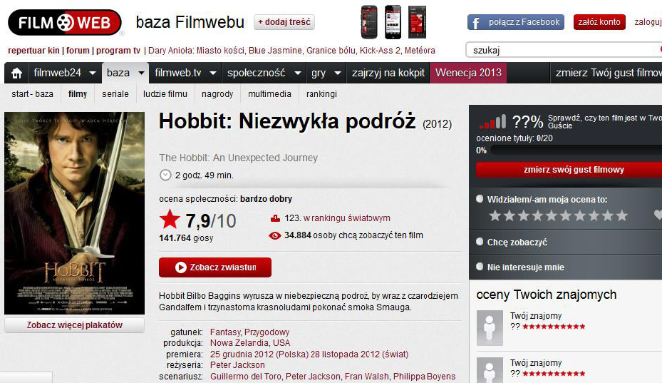 ROZDZIAŁ III PRZYKŁADY ZASTOSOWAŃ DYDAKTYKI CYFROWEJ W WYBRANYCH MODELACH EDUKACYJNYCH Rys. 31. Zrzut ekranu strony filmu Hobbit: Niezwykła podróż w serwisie Filmweb.pl. Źródło: www.filmweb.