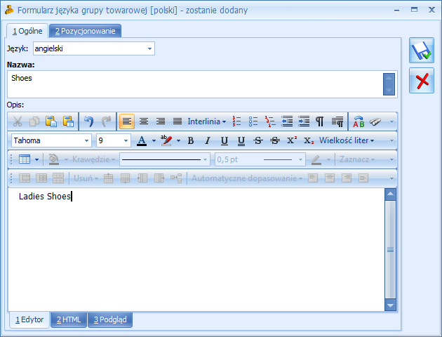 Na formularzu grupy towarowej dostępna jest zakładka e-sklep, z poziomu której można wprowadzić dłuższą nazwę grupy czy opis dla grupy z wykorzystaniem języka HTML.