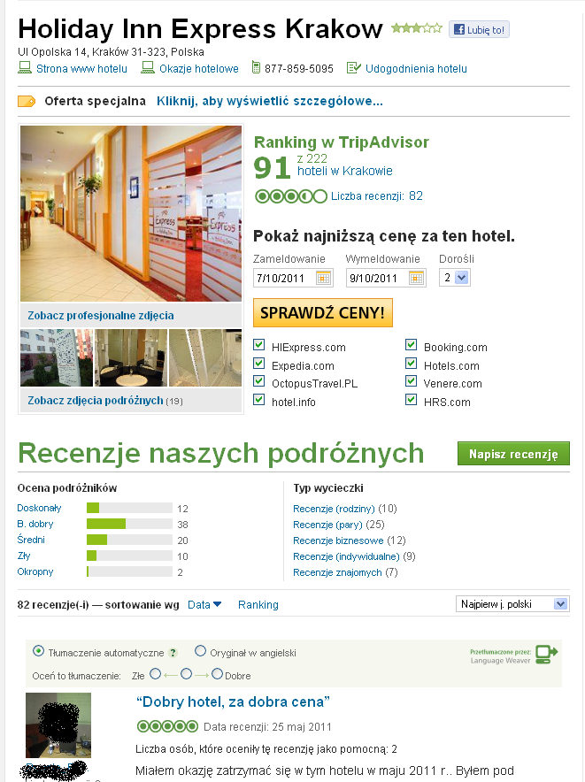 Sposób prezentacji hotelu Holiday Inn Express w Krakowie wraz z dodatkowymi elementami promocyjnymi. Rysunek 43.