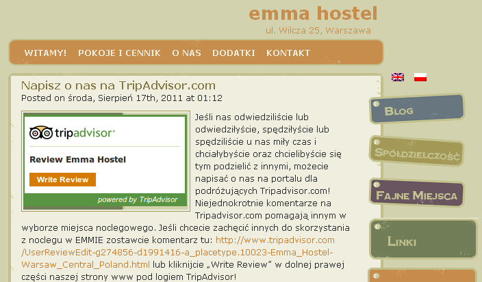 Strona internetowa emma hostel w Warszawie zachęta do pozostawienia opinii o obiekcie, informacja o