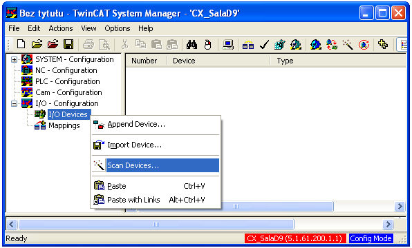Dodatek B Przygotowanie projektu w TwinCAT System Manager W programie TwinCAT System Manager utworzyć nowy projekt. Połączyć się ze sterownikiem CX1000 (SYSTEM-Coniguration Choose Target.).