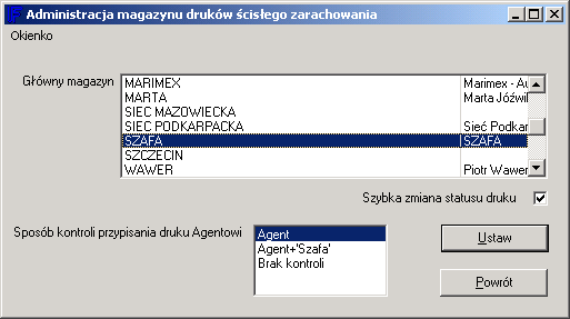 Dostępne pod: Ubezpieczenia \ Majątkowe \ Magazyn \ Stan Magazynu \ Druk \ PrzekaŜ innemu Agentowi Parametryzowanie modułu obsługi magazynu druków W celu dopasowania zakresu funkcji modułu do potrzeb