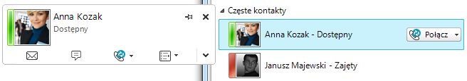 Karty kontaktów Lync pokazuje nam zdjęcie, status oraz inne informacje o osobach, które mamy na liście swoich kontaktów. Wizytówka kontaktu może być użyta do szybkiego nawiązania komunikacji.