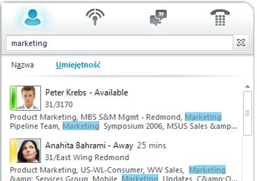 Wyszukiwanie wg nazwy lub innych kryteriów Używanie wyszukiwania w aplikacji Lync pozwala szybko odnaleźć właściwą osobę, a także zdobyć wiele informacji o niej,