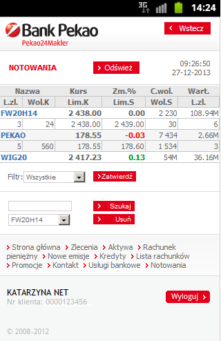 1. NOTOWANIA Funkcjonalność Notowań w serwisie mobilnym Pekao24Makler zapewnia dostęp do jednej oferty kupna i sprzedaży dla wszystkich instrumentów finansowych, której prezentacja w czasie