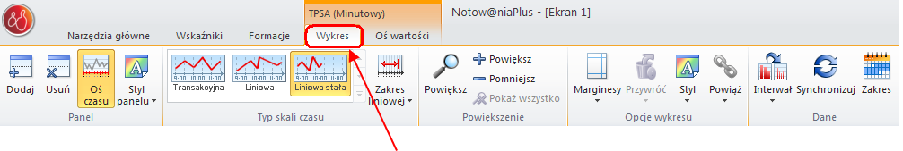 Uwaga: zakładka kontekstowa Kurs pojawi się w momencie zaznaczenia wartości kursu na wykresie. Dopiero wtedy będzie możliwa modyfikacja typu wykresu.