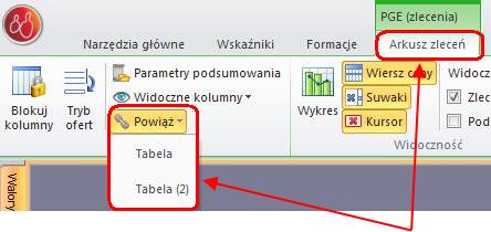 6.5. Wiązanie z tabelą. Arkusz zleceń można powiązać z tabelą notowań, używając w tym celu polecenia "Powiąż". Uwaga: Opcja ta jest dostępna dla wszystkich okien narzędziowych.