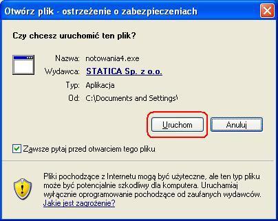 Notowania (3). W głównym oknie pojawi się krótka instrukcja instalacyjna wraz z podaną lokalizacją do pliku instalacyjnego (4).