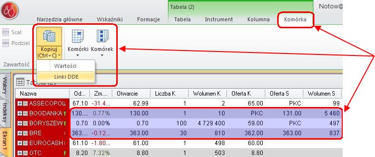 Istnieje również możliwość szybkiego kopiowania linków DDE z wykorzystaniem skrótu klawiszowego CTRL+C.