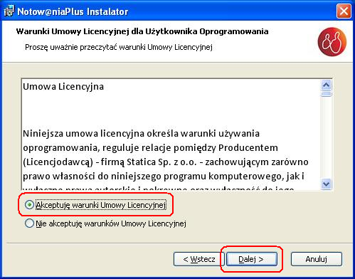 zastrzeżeń wybrać opcję Akceptuję warunki Umowy Licencyjnej i wybrać przycisk